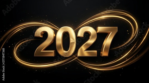 Golden 2027 new year celebration with dynamic swirls and sparkling light effects