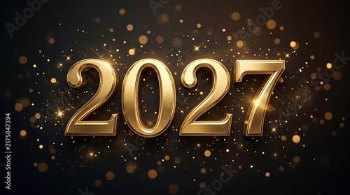 Golden 2027 new year celebration with sparkling lights and dark background