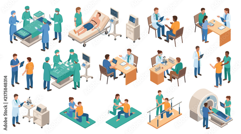 Fototapeta premium comprehensive medical procedure setup with doctors, nurses, patients, and advanced imaging technologies in a modern hospital