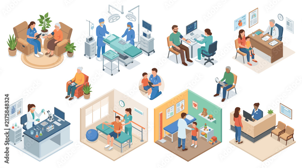 Fototapeta premium Diverse Healthcare and Therapy Environments Showcasing Patient-Doctor Interactions and Medical Procedures in Modern Clinics