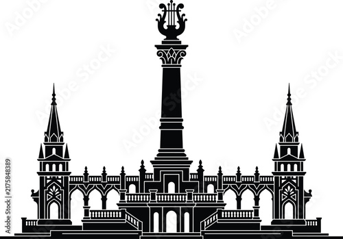Ornamental Monument Silhouette with Classical Towers Arches Stairways and Decorative Lyre Emblem