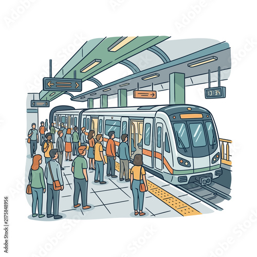 Illustration of passengers boarding a modern metro train at a busy station.