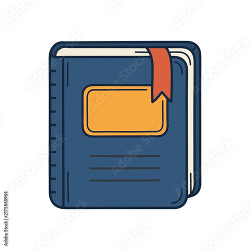 Closed blue book with orange bookmark on white background.