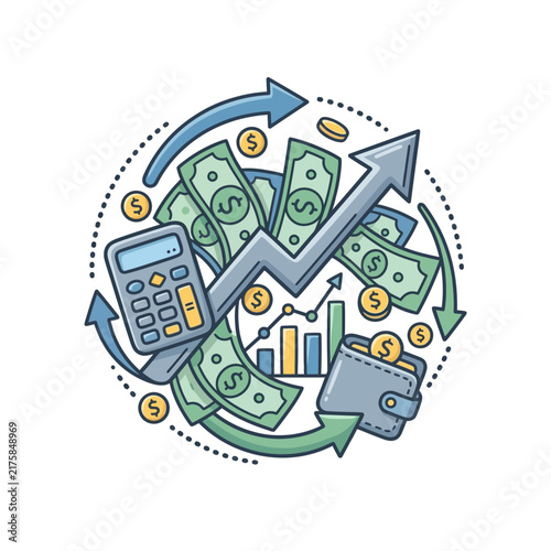 Financial growth and investment concept with money and calculator.
