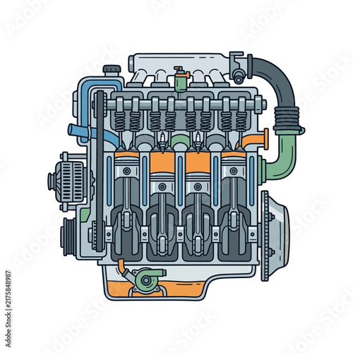 Detailed Vector Illustration of a Car Engine with Components.