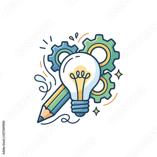 Creative light bulb idea with pencil and gears illustration.