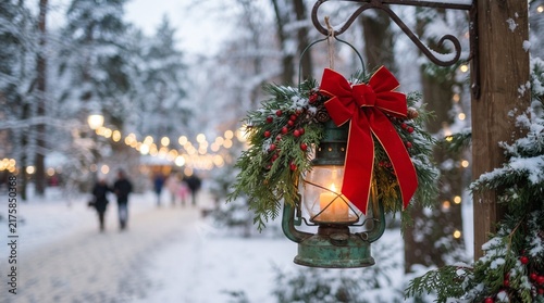 A picturesque winter scene captures the magic of christmas with snow covered streets and festive decorations