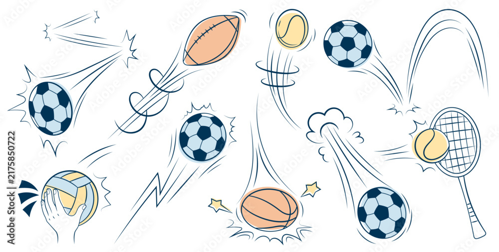 Obraz premium Soccer ball bounce movement with trail effect. Football icon in doodle style with sport action and motion. Hand drawn illustration with flying trajectory, speed lines and energy for kids design.