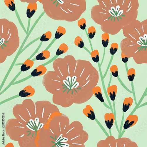 Seamless pattern with hand drawn brown flowers and orange buds on light green background