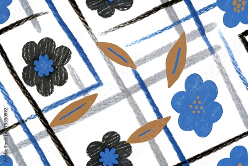 Seamless pattern with hand drawn blue and black flowers and brown leaves on a white background with grid lines