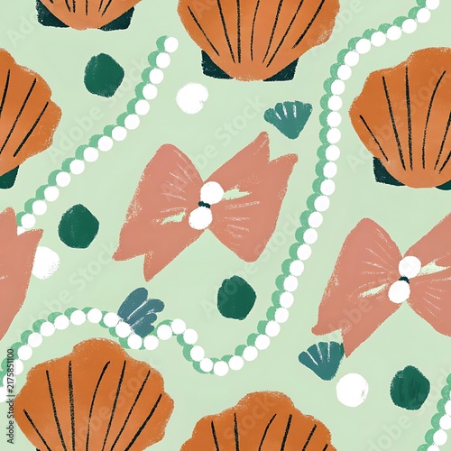 Seamless Pattern with Orange Seashells Pink Bows and White Pearls on Light Green