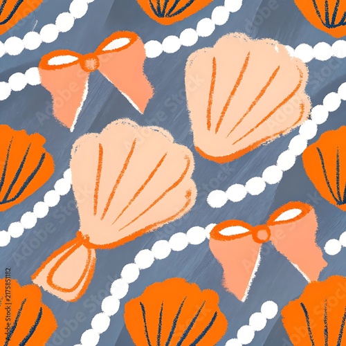 Seamless Pattern with Seashells Bows and Pearl Necklaces on a Textured Blue Background