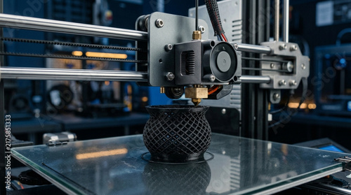 Obraz na płótnie 3D Printer Creating Black Mesh Object with Detailed Design