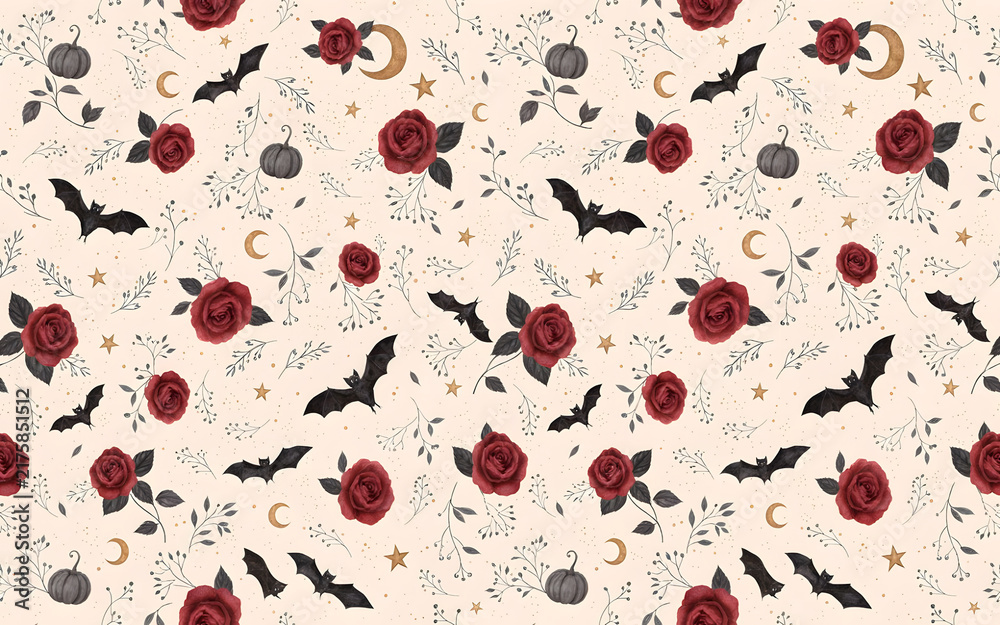 Minimalist gothic rose flower and bat seamless pattern