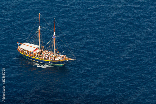 Europe, Greece, Thira, Cyclades, Santorini, Ship sailing in aegean sea