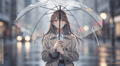 Anime girl in trench coat holding transparent umbrella in rain