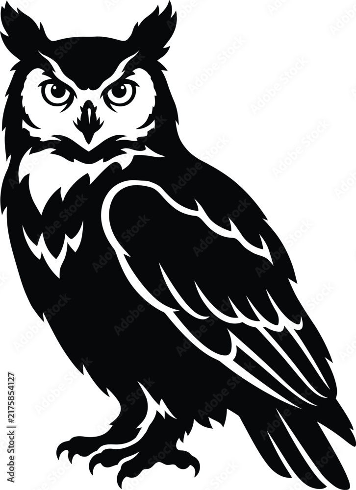 Fototapeta premium Great horned owl vector illustration, black and white bird of prey mascot, wise nocturnal animal silhouette for logo design