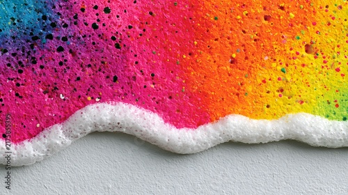 Colorful rainbow paint splatter texture with white foam bubbles close-up