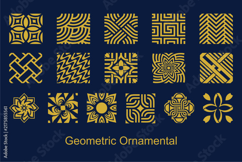 Set of 16 Luxury Gold Geometric Ornamental Tiles, Traditional Pattern and Floral Mandala Vector Elements