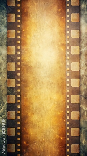 Vertical Vintage Film Strip Frame with Grunge Texture and Golden Bokeh Background