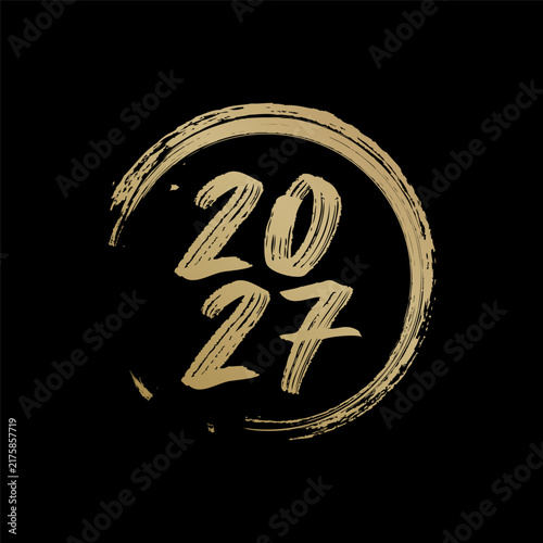 2027 Year typography emblem for holiday branding, party card, calendar, poster or promotional design. Gold brush strokes lettering. Vector logo isolated on black background.