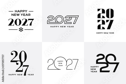 2027 Happy New Year badges and typographic emblems for holiday branding, party card, calendar, poster and promotional designs. Black vector logos on clean background.