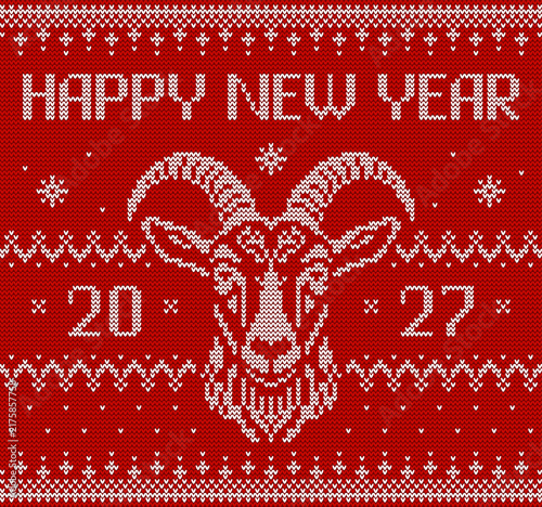 Happy New Year 2027 greeting card. Year of the Goat knitted sweater design. Vector festive banner with stylized goat head, holiday ornament and cozy winter knit texture.