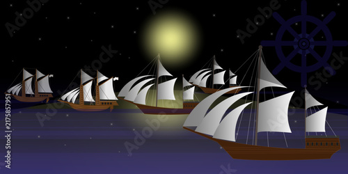 Vector background of a sailing ship at sea; suitable for use as a background, banner, or poster.