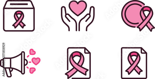Breast cancer awareness pink ribbon icon set, 6 medical charity vector elements, healthcare donation and support symbols