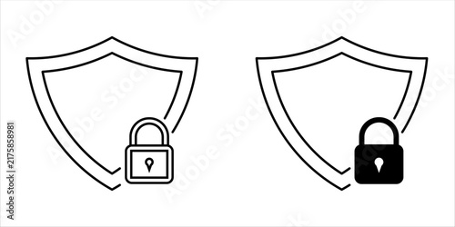 Shield Security Icons Set with Check Mark and Lock – Protection, Privacy, Verified and Data Safety Symbols, Line and Solid Vector Collection