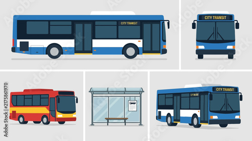 Set of city transit buses and a bus stop shelter in flat vector style.