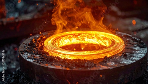 Industrial metal casting process showing a glowing ring of molten iron cooling down in a dark workshop environment with embers and hot sparks.