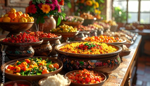 A vibrant rustic buffet display featuring a variety of colorful vegetable dishes arranged in artisanal ceramic bowls on a long wooden table setting.