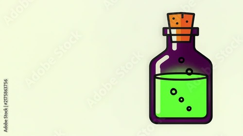 Corked halloween potion bottle with glowing green elixir on cream background