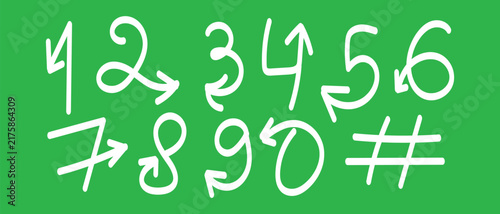 Set Of Hand-Drawn White Numbers One Through Zero And Hash Symbol Vector Illustration Collection On Green Background