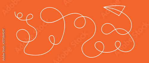 Continuous One-Line Winding Flight Path With Paper Airplane Vector Illustration On Vibrant Orange Background