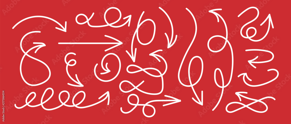Fototapeta premium Set Of Hand-Drawn Cursive Swirly And Wavy White Arrows Vector Illustration Collection On Red Background