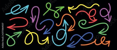 Set Of Hand-Drawn Colorful Neon Glow Swirly And Wavy Arrows Vector Illustration Collection On Black Background