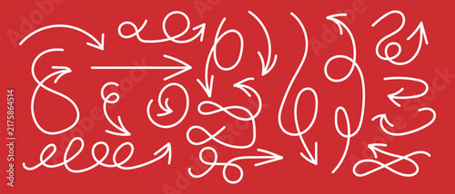 Set Of Hand-Drawn Cursive Swirly And Wavy White Arrows Vector Illustration Collection On Red Background