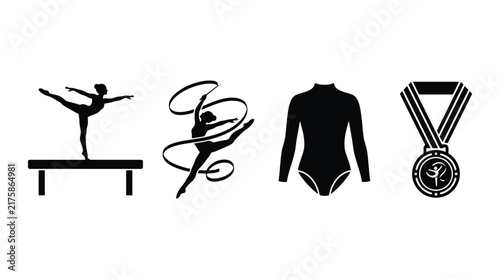 Gymnastics Silhouettes And Medal Vector Illustration On White Background