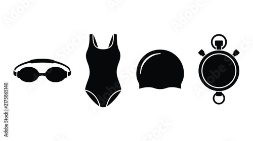 Swimming Goggles Swimsuit Cap And Stopwatch Silhouette Vector Illustration