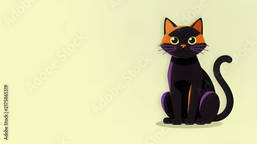 Friendly black cat with orange mask flat vector illustration for Halloween