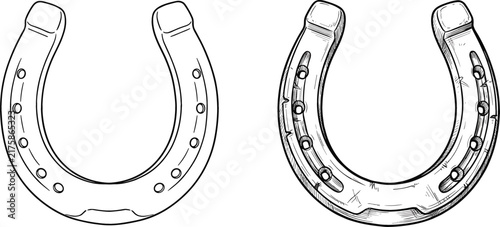 Lucky horseshoe set with clean line art and detailed vintage engraving style vector sketch illustration