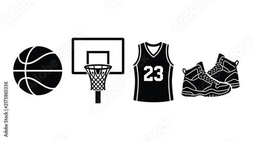 Basketball hoop jersey and sneaker vector illustration set on white background