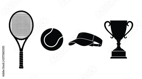 Tennis Racquet Ball Cap And Trophy Vector Silhouettes On White