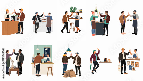 Set of Flat Vector Illustrations Showing Baristas and Customers Giving High Fives in Various Coffee Shop and Cafe Settings
