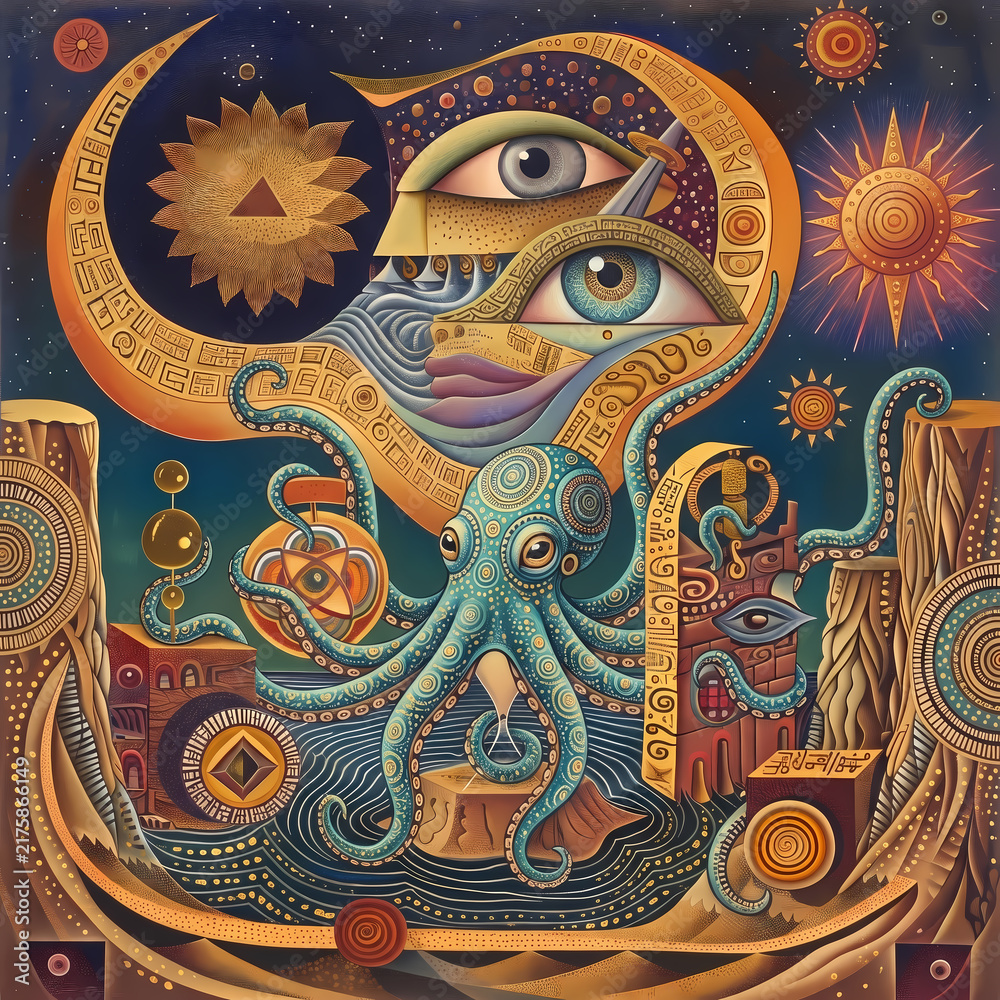 Naklejka premium Surreal visionary art of a mystical octopus in a cosmic dreamscape with esoteric symbols, sacred geometry, and an all-seeing eye