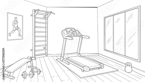 Modern home gym room interior equipped with electric treadmill weight bench dumbbells and Swedish wall ladder
