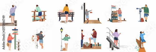 Flat illustration set of people enjoying various summer activities at the coast, including piers, viewpoints, and beach settings.