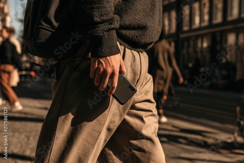 Person walking outdoors in the city holding a mobile phone in hand